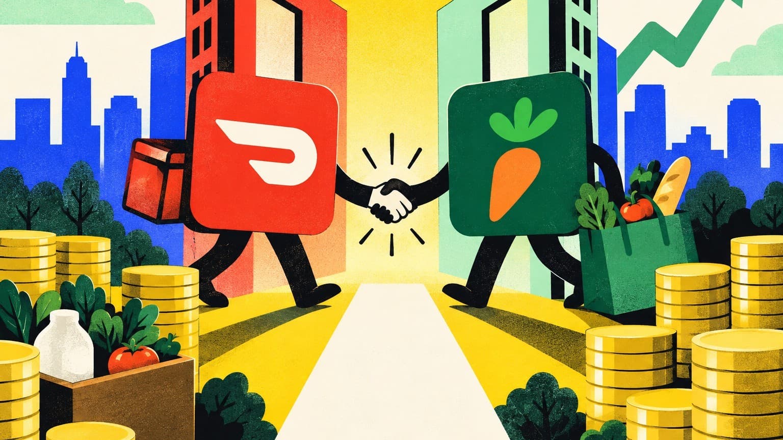 Illustration: DoorDash and Instacart delivery app grocery