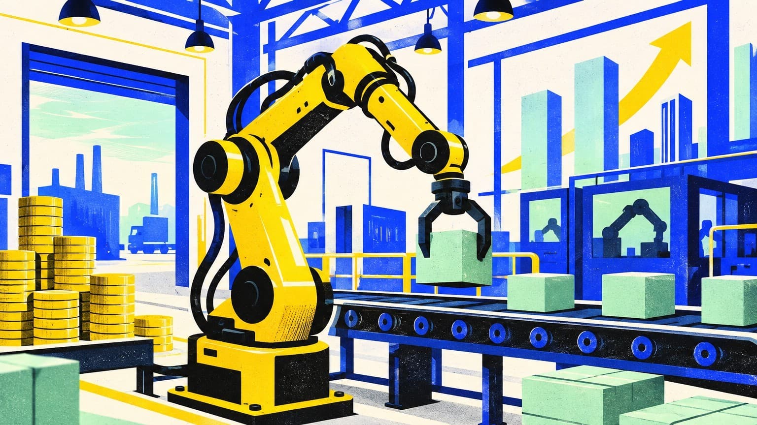 Illustration: industrial robot on factory floor